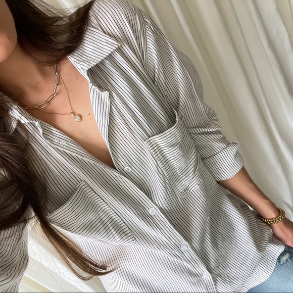 Classic Striped Button-Up Shirt—Ivory/Black - Picture 12 of 14